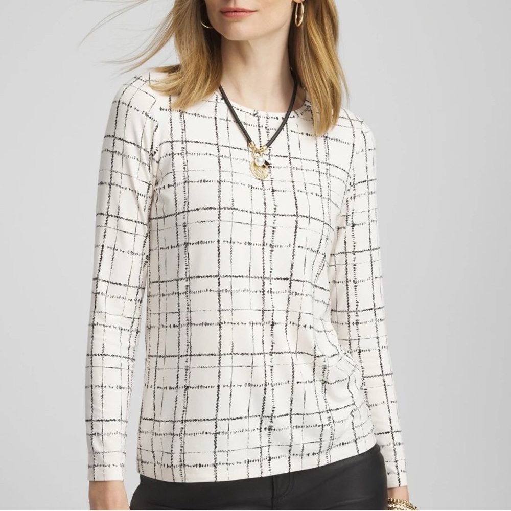 NWT Chico’s Touch of Cool Plaid Long Sleeve Layering Tee Cream XL
